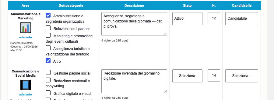 Una riga aperta: sottocategorie, descrizione, stato, numero, candidabile