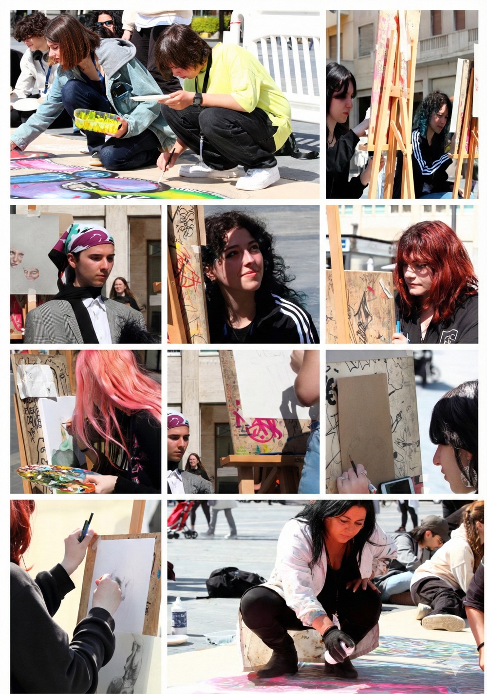 Composizione di fotografie dei laboratori di pittura all'aperto durante CittArte, con studenti al lavoro su tele e cavalletti
