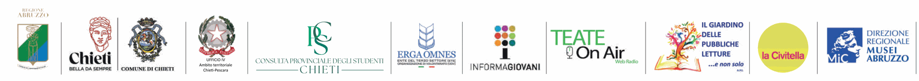 Loghi: Regione Abruzzo, Comune di Chieti, USR Abruzzo Ufficio IV - Ambito territoriale di Chieti e Pescara, Consulta Provinciale degli Studenti di Chieti, Erga Omnes, Informagiovani, Teate On Air, Il Giardino delle Pubbliche Letture, La Civitella, Direzione regionale Musei Abruzzo