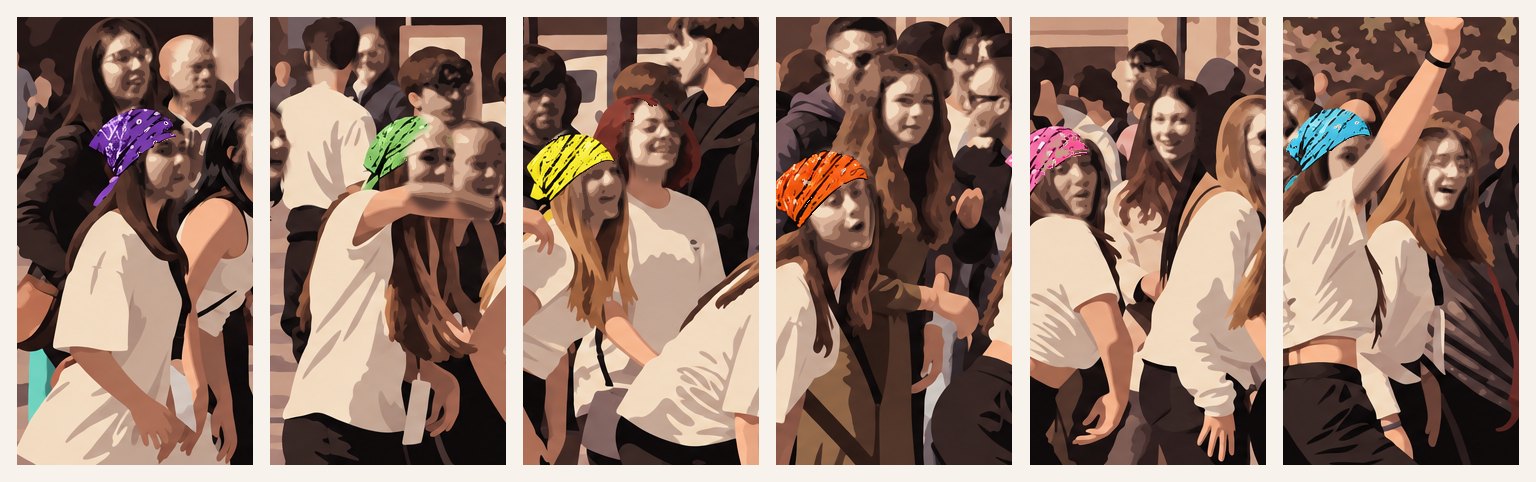 Studenti con bandane colorate ballano in piazza. La foto è ridisegnata a campiture piatte nello stile dell'occhio di CittArte e divisa in sei tessere verticali.
